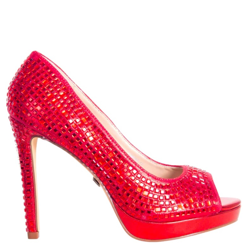 Lauren Lorraine Red Crystal Embellished Candy High Heel Platform Pumps